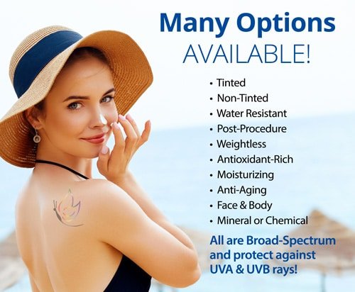 Woman with tatoo and list of sunscreen options